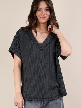 New’m Charcoal Ribbed V-Neck Top 🖤 | Oversized Slouchy Knit Tee (M)